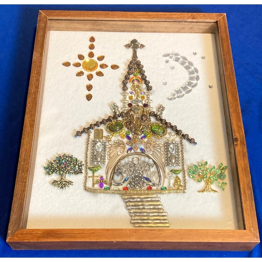 Framed Art Shadow Box - Church - with Beads Costume Jewelry Brooches - Original